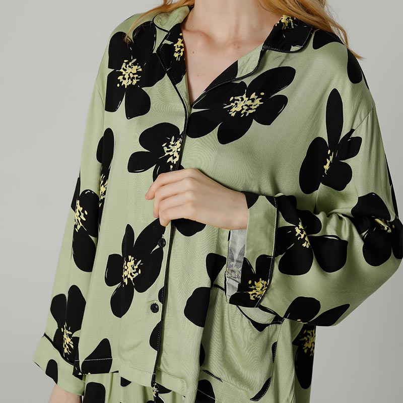Black Flower Satin Pajama Set Loungewear