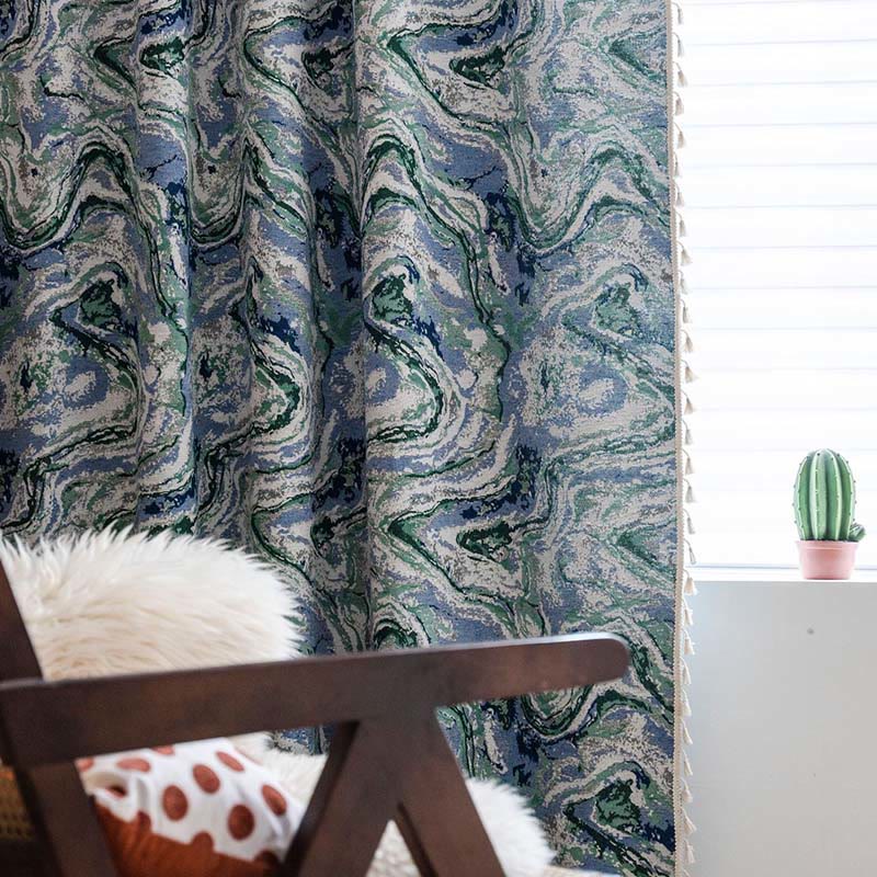 Blue Green Painting Style Light Filtering Curtain