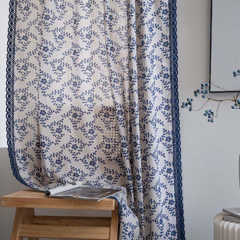 Blue Flower Lace Brim Light Filtering Curtain