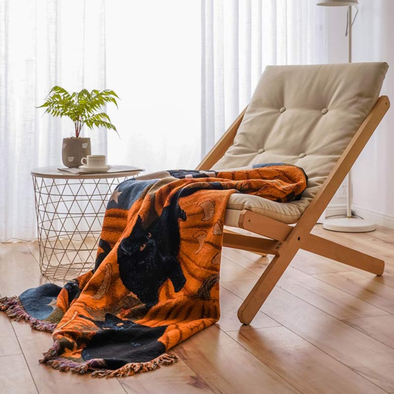 Black Cat Pumpkin Halloween Tassel Blanket