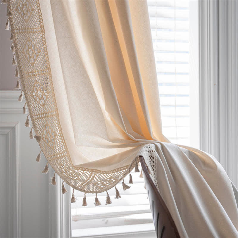 Beige Stitching Tassel Light Filtering Curtain