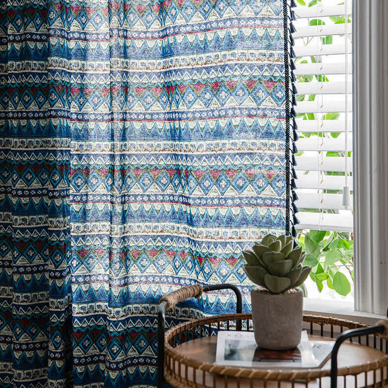 Blue Geometry Beige Tassel Light Filtering Curtain