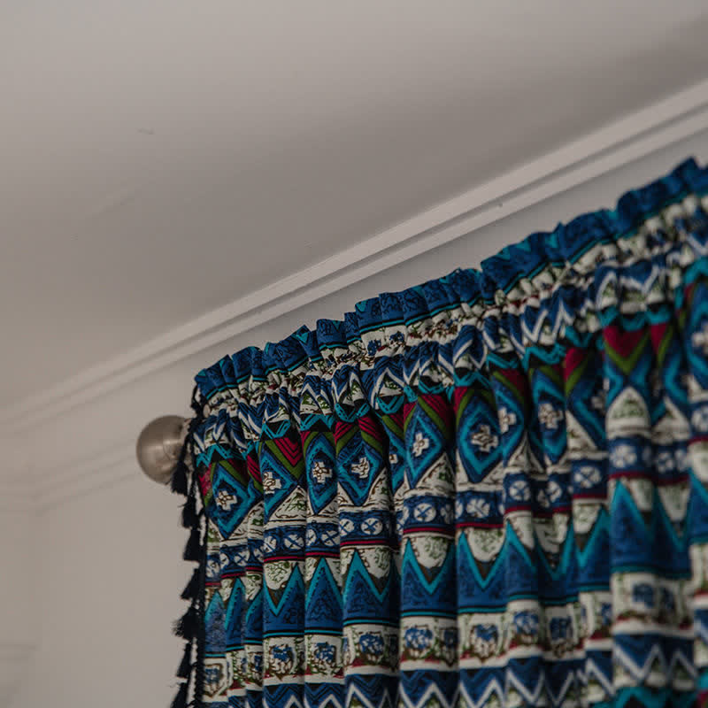 Blue Geometry Beige Tassel Light Filtering Curtain