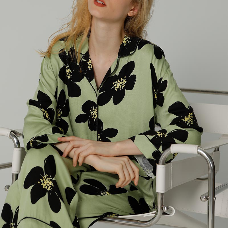 Black Flower Satin Pajama Set Loungewear