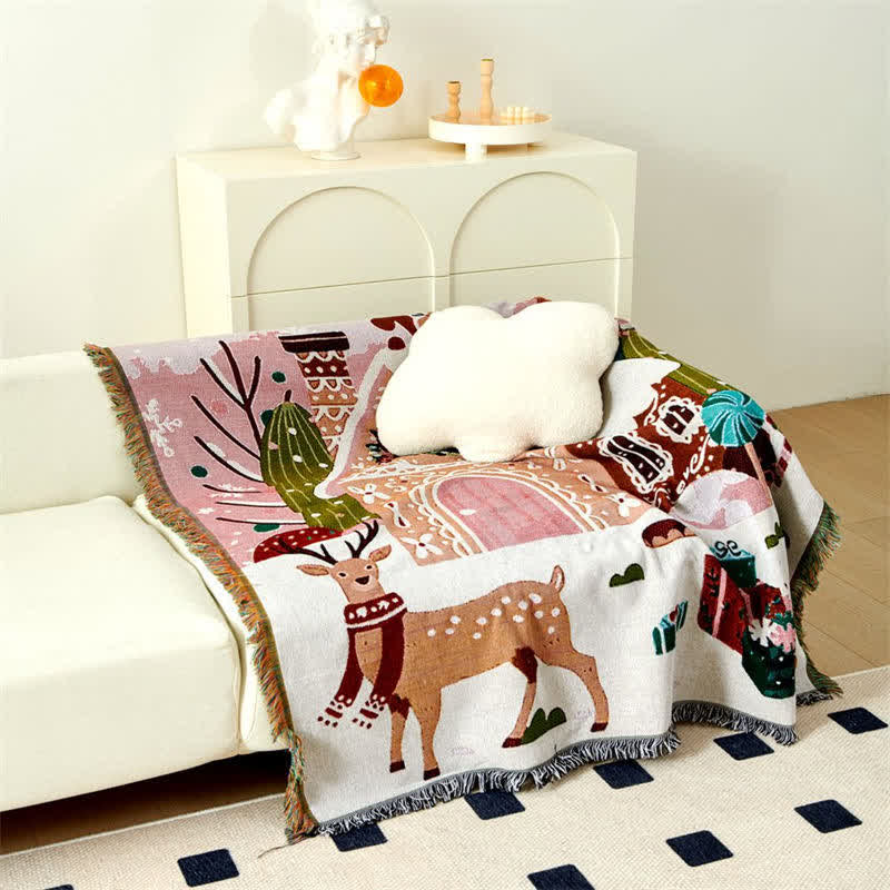 "Happy Holiday" Christmas Elk Tassel Blanket