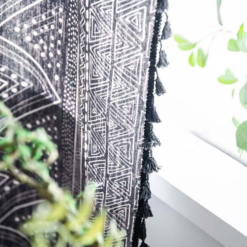 Bohemian Black Geometric Cotton Tassels Curtains