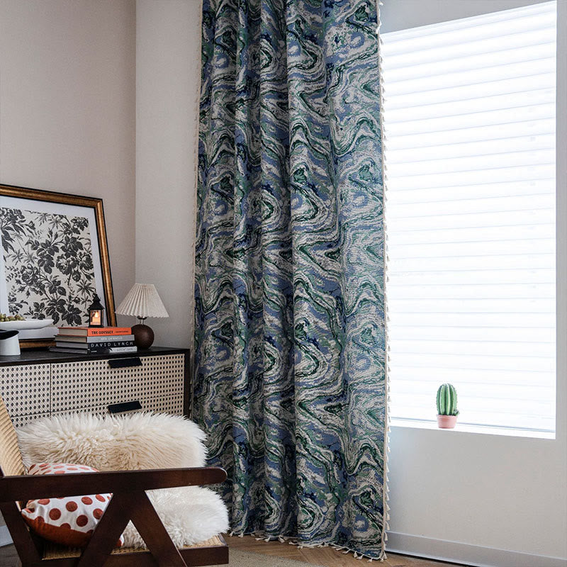 Blue Green Painting Style Light Filtering Curtain