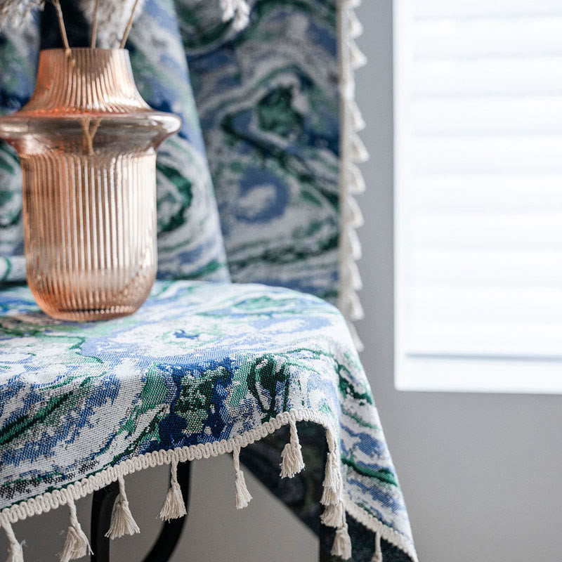 Blue Green Painting Style Light Filtering Curtain