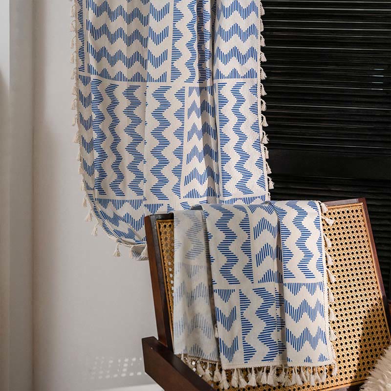 Blue Ripple Tassel Light Filtering Curtain