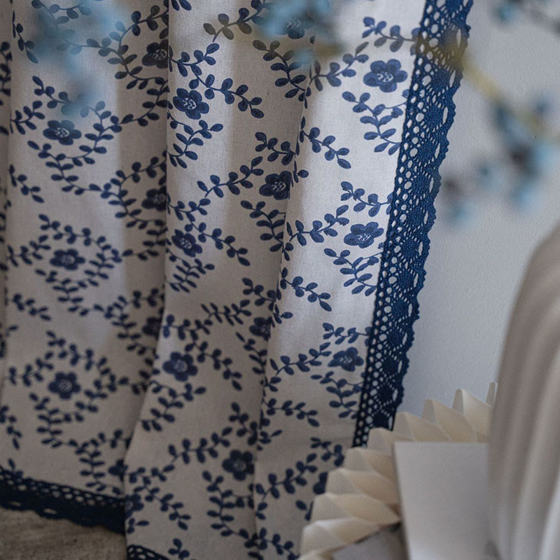 Blue Flower Lace Brim Light Filtering Curtain