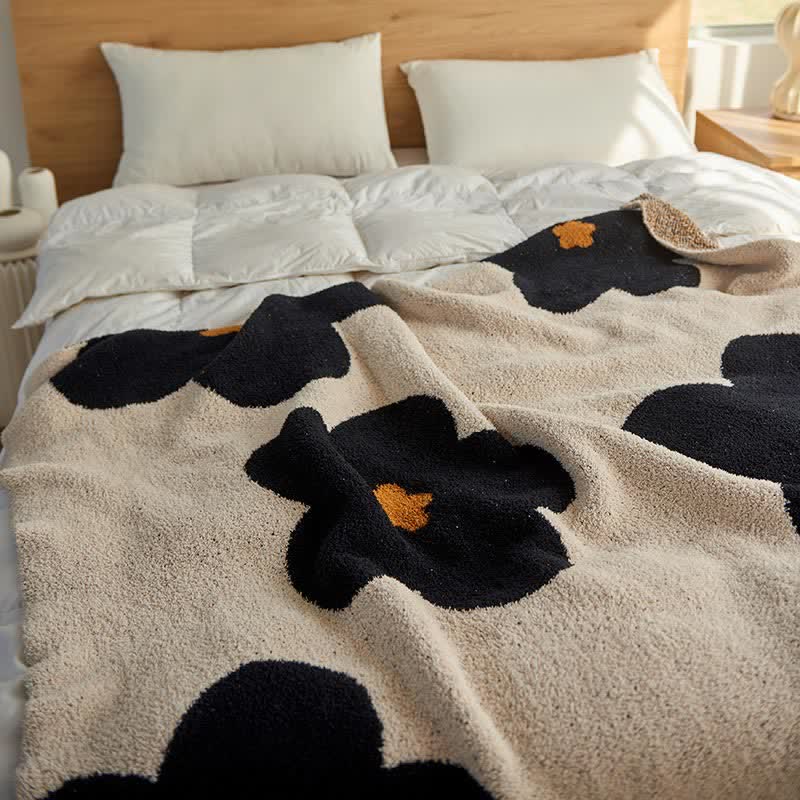 Black Flower Knitted Throw Sofa Blanket