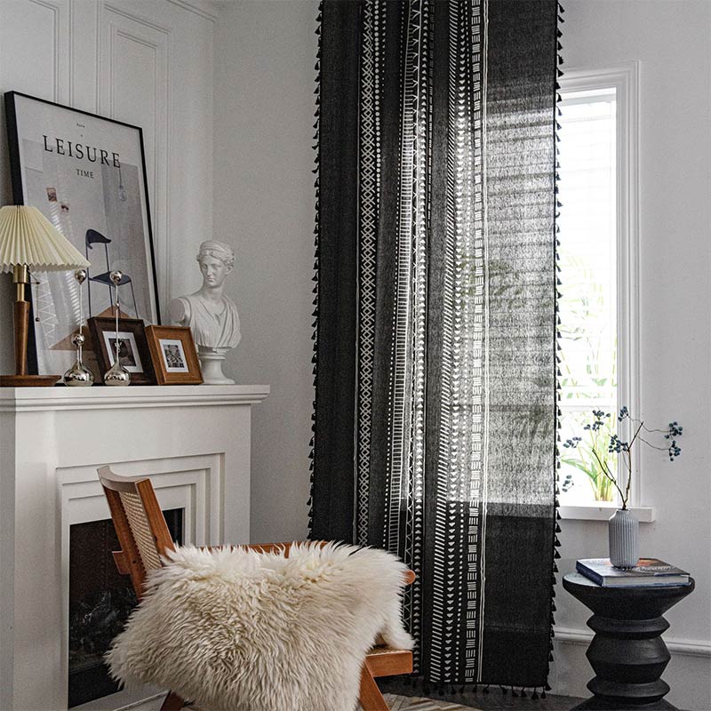 Black Tassel Geometric Cotton Linen Curtain
