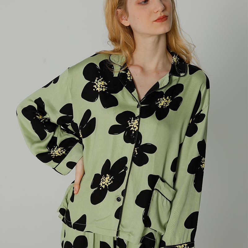 Black Flower Satin Pajama Set Loungewear