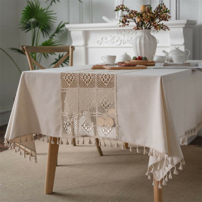 Beige Hollow-Out Stitching Tassel Tablecloth