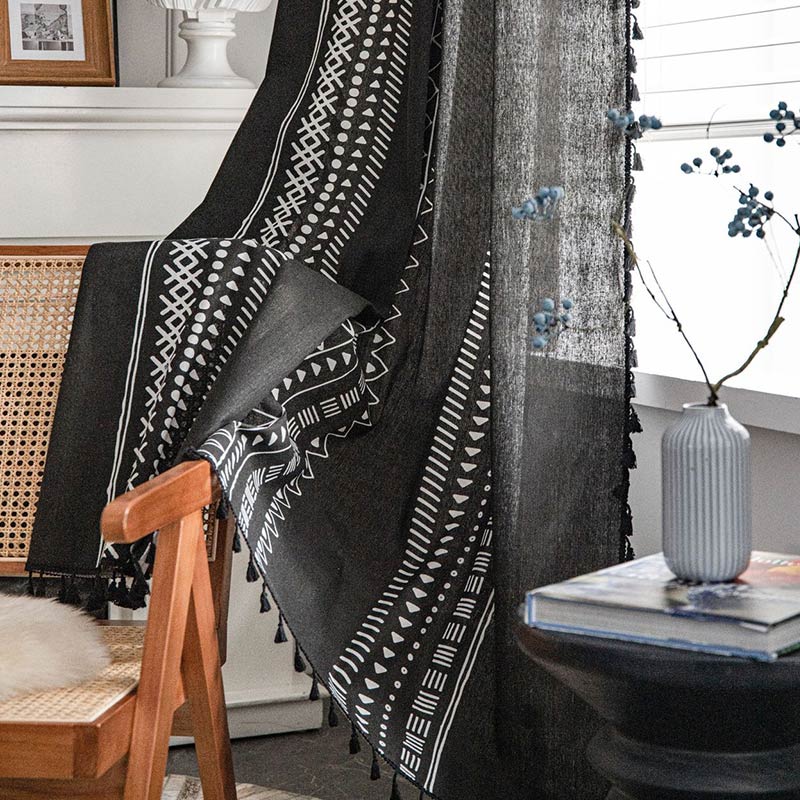 Black Tassel Geometric Cotton Linen Curtain