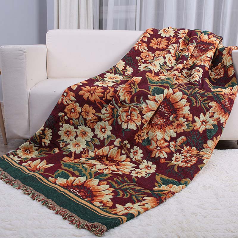 Bohemian Chrysanthemum Tassel Cotton Knit Blanket