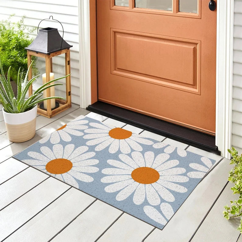 Feblilac White Daisy Entrance Door Mat, Country Style Flower Patio Welcome Doormat, Anti Skid PVC Coil Outdoor Mats, Front Mat for Home, Washable Entryway Doormat