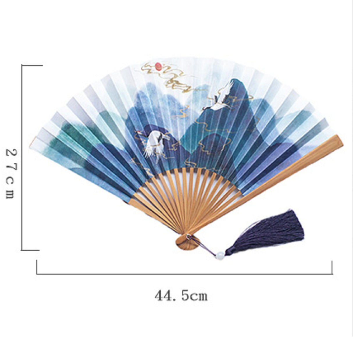 Chinese Paper Fan,Mountain Crane Carp Wood Handle Folding Fan,Double-sided Watercolor Painting Paper Fan with Tassel,10.25" Long