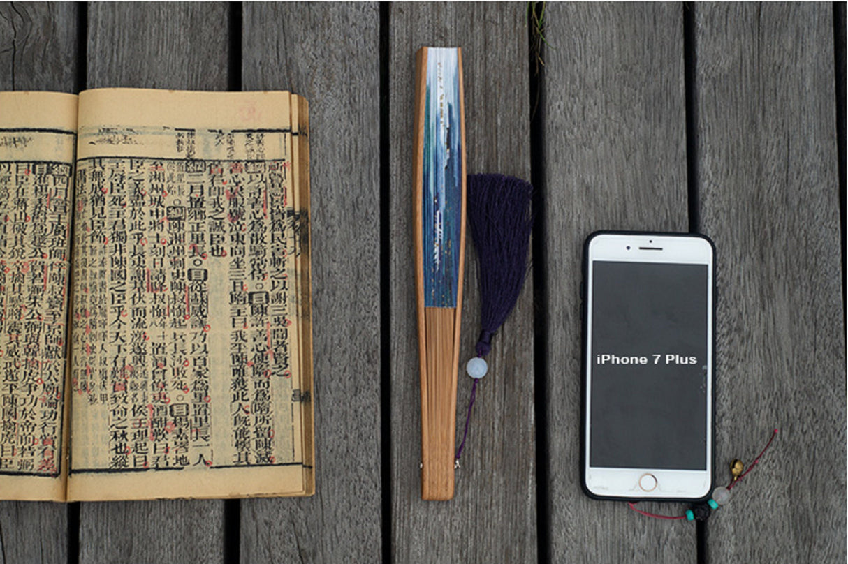 Chinese Paper Fan,Mountain Crane Carp Wood Handle Folding Fan,Double-sided Watercolor Painting Paper Fan with Tassel,10.25" Long