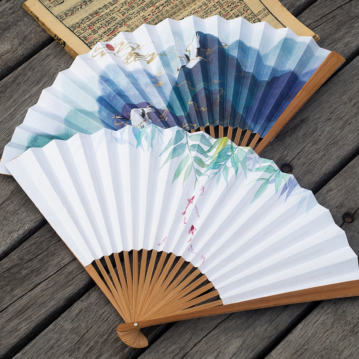 Chinese Paper Fan,Mountain Crane Carp Wood Handle Folding Fan,Double-sided Watercolor Painting Paper Fan with Tassel,10.25" Long
