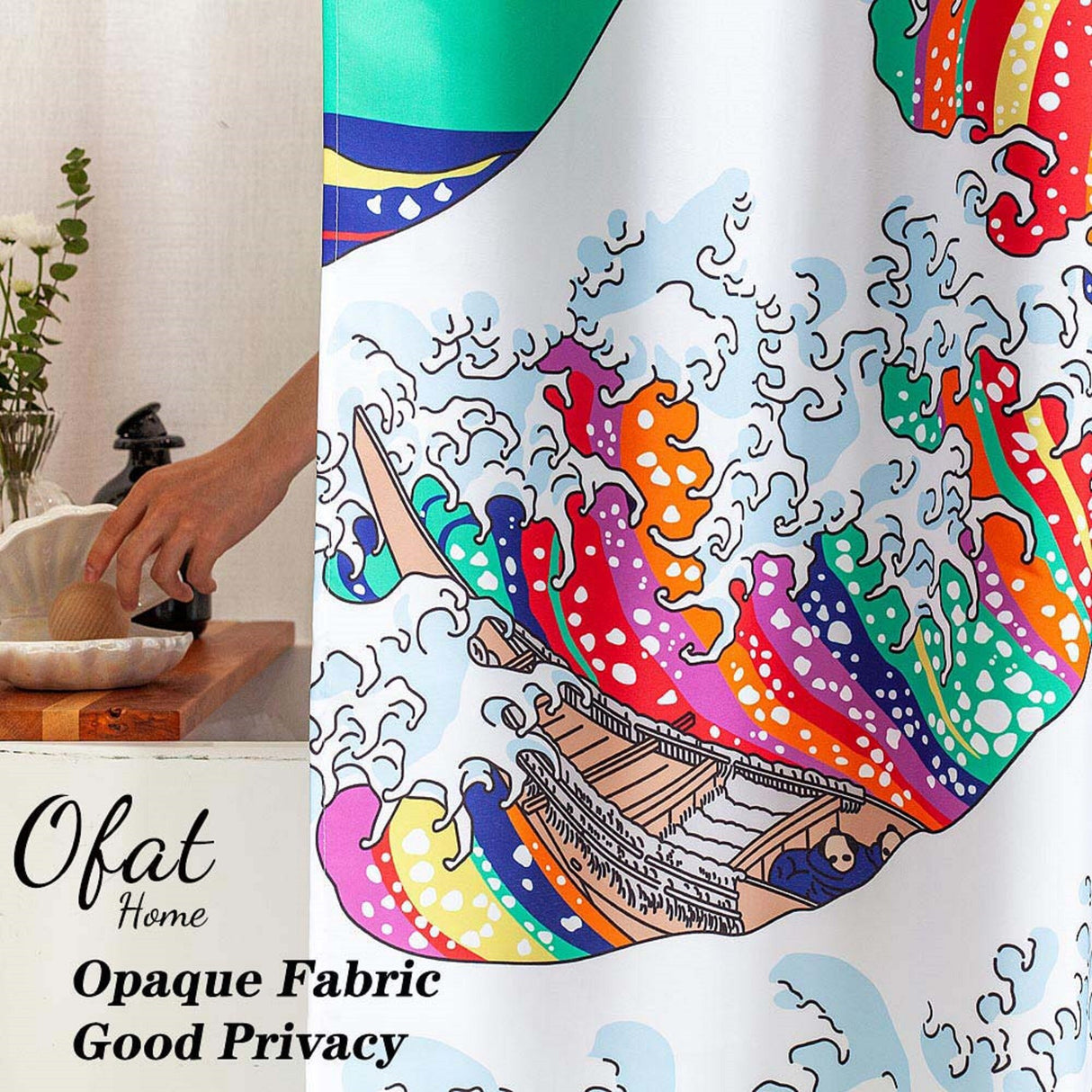 Ofat Home LGBTQ Pride Rainbow Shower Curtain, Japanese The Great Wave Painting Bathroom Decor, No Liner Needed Waterproof Washable, 150gsm