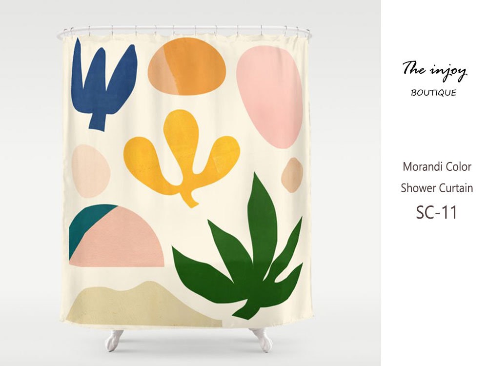 Minimalist Botanical Shower Curtain, Waterproof & Washable Bath Curtain, Tropical Bathroom set, Customized Sizes Curtains for Home Decor