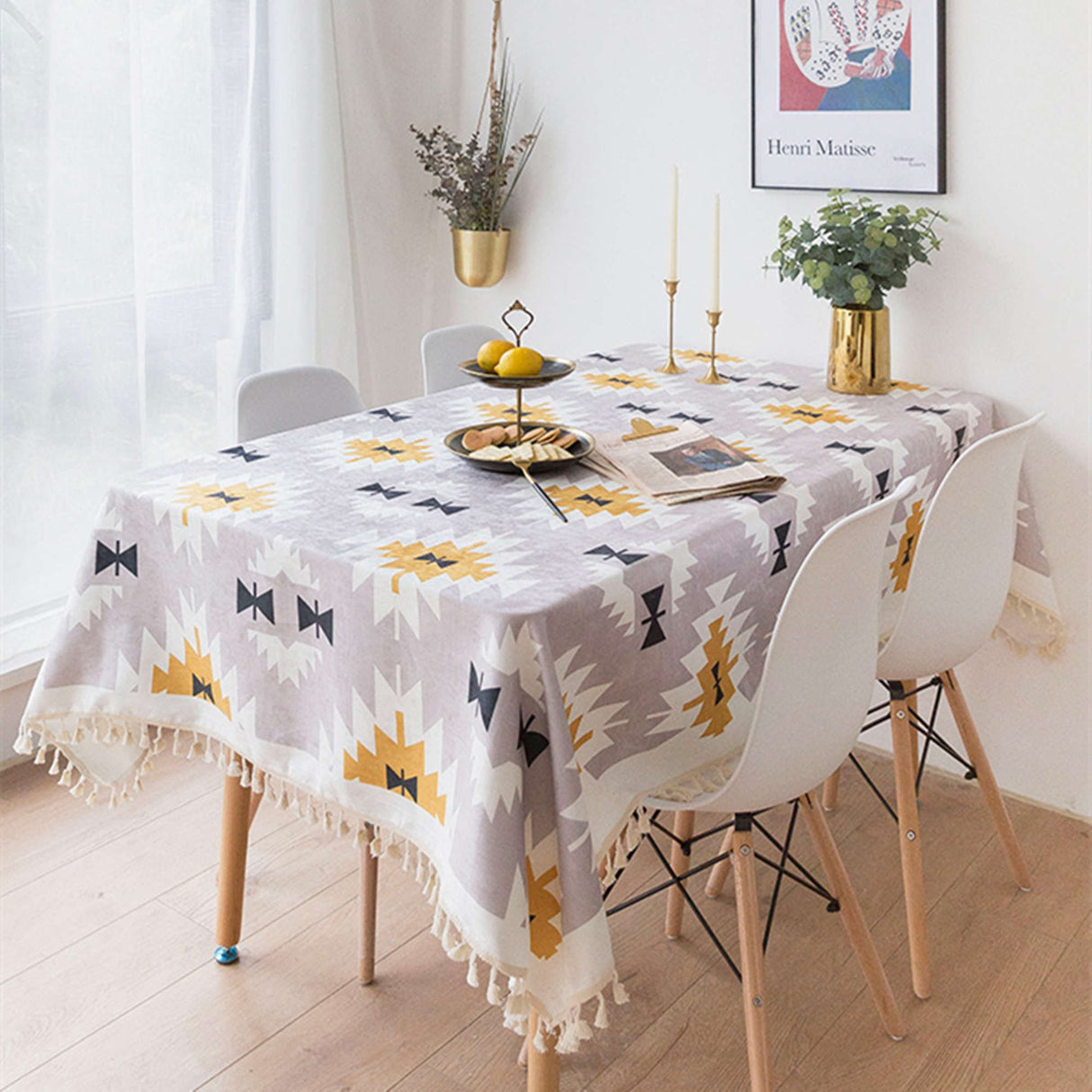 Ofat Home Bohemian Style Geometric Tablecloth Waterproof Fabric Rectangle Boho Table Cover for for Dining Room Kitchen Decor