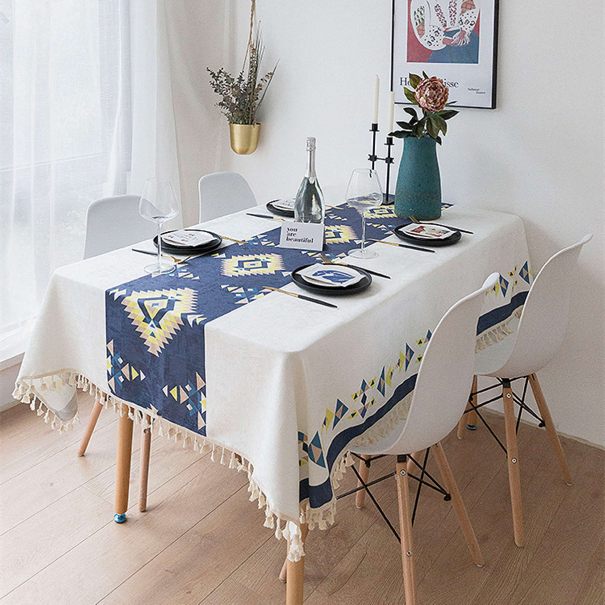Ofat Home Bohemian Style Geometric Tablecloth Waterproof Fabric Rectangle Boho Table Cover for for Dining Room Kitchen Decor