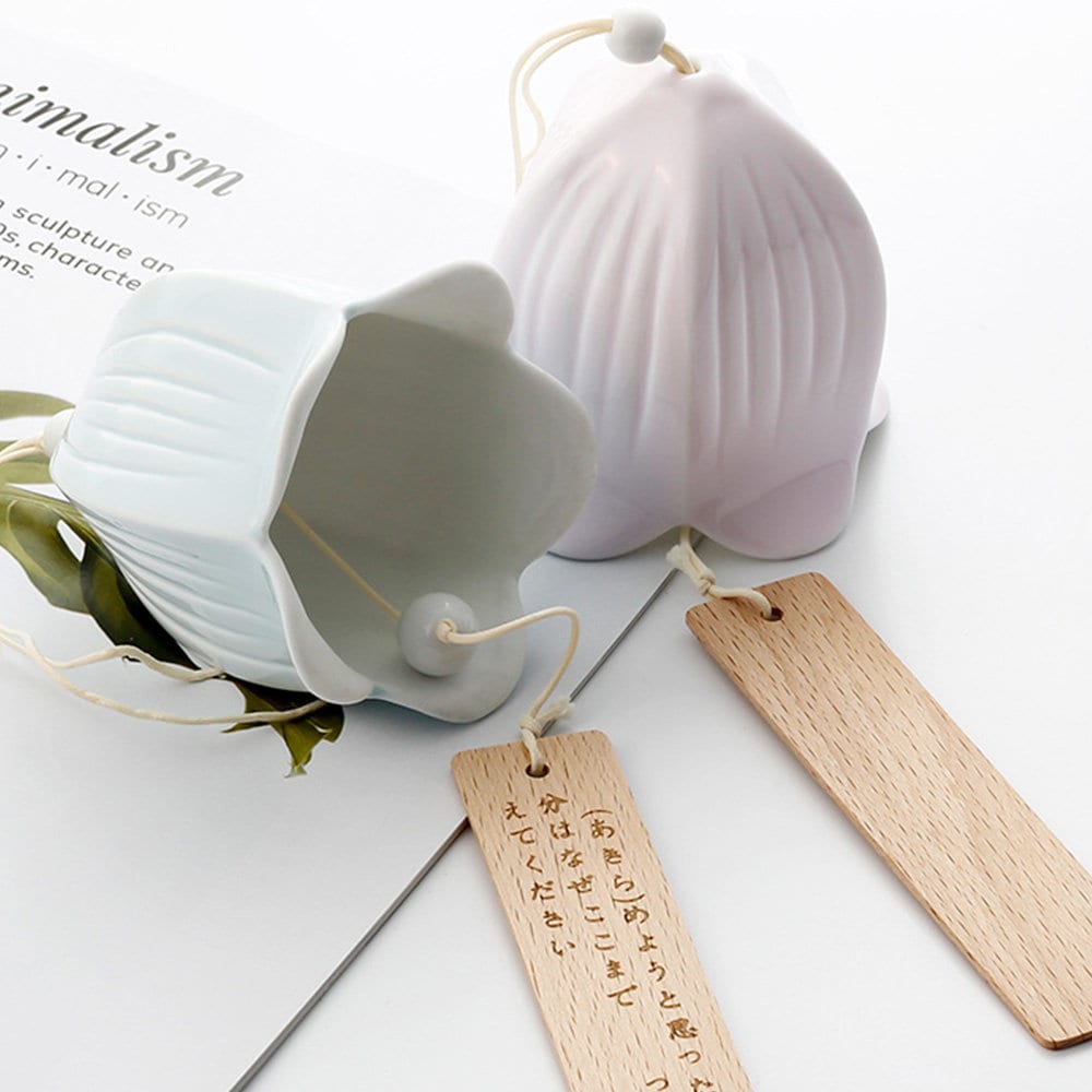 Ceramic Japanese Wind Chime, Pottery Flower Bell Ring Windchime, Traditional Eastern Oriental Zen Home Garden Decoration