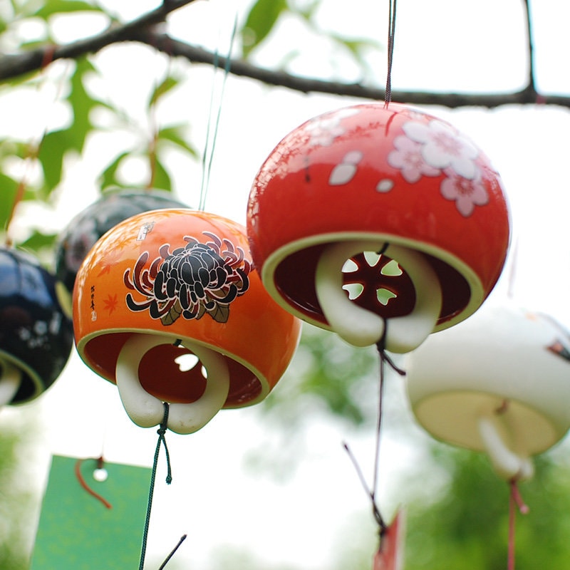 Japanese Style Ceramic Wind Chime, Flower Pottery Bell Ring Windchime, Traditional Eastern Oriental Zen Home Garden Decoration