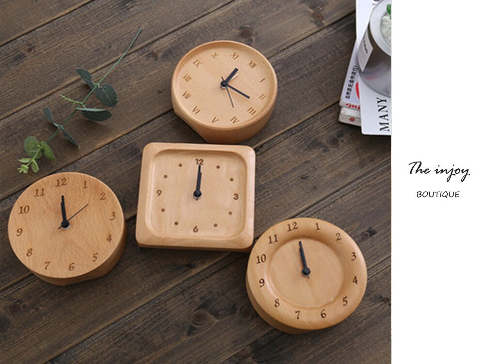 Beech Wooden Alarm Clock Small, No Screen Minimalist Clock Desk, Bedside Nighttable Clock, Gift for Him