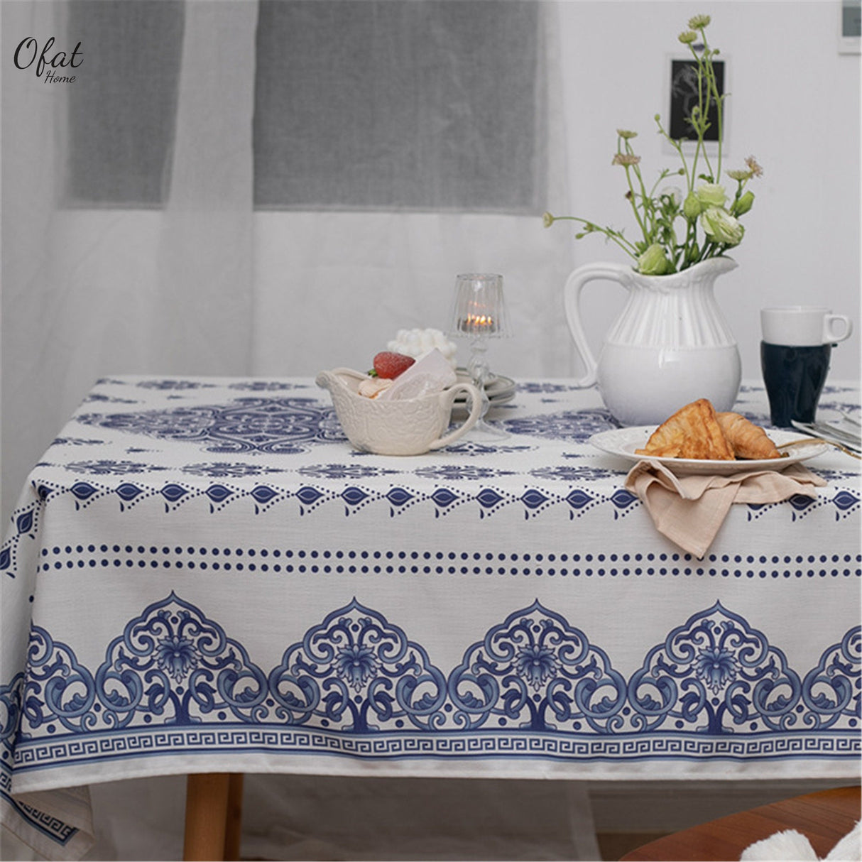 Celadon Pattern Rustic Tablecloth, Waterproof Classial Tablecloth,Tea Tablecover,Coffee Table Runner,Party Decor,Event Tablecloth