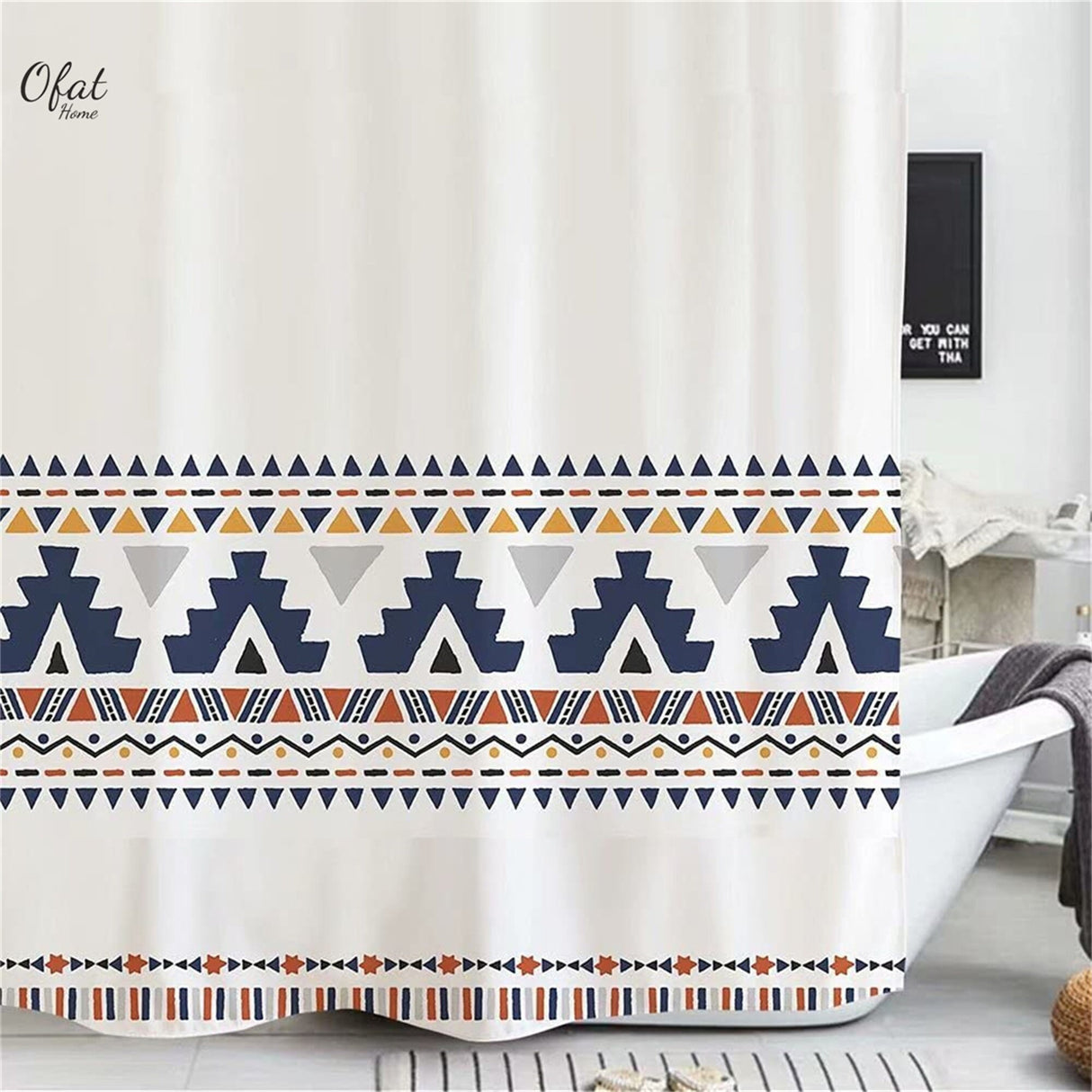 Ofat Home Black and White Boho Shower Curtain with Hooks Bathroom Decor, No Liner Needed Waterproof Washable, Heavy Fabric 150gsm, 72"x72"