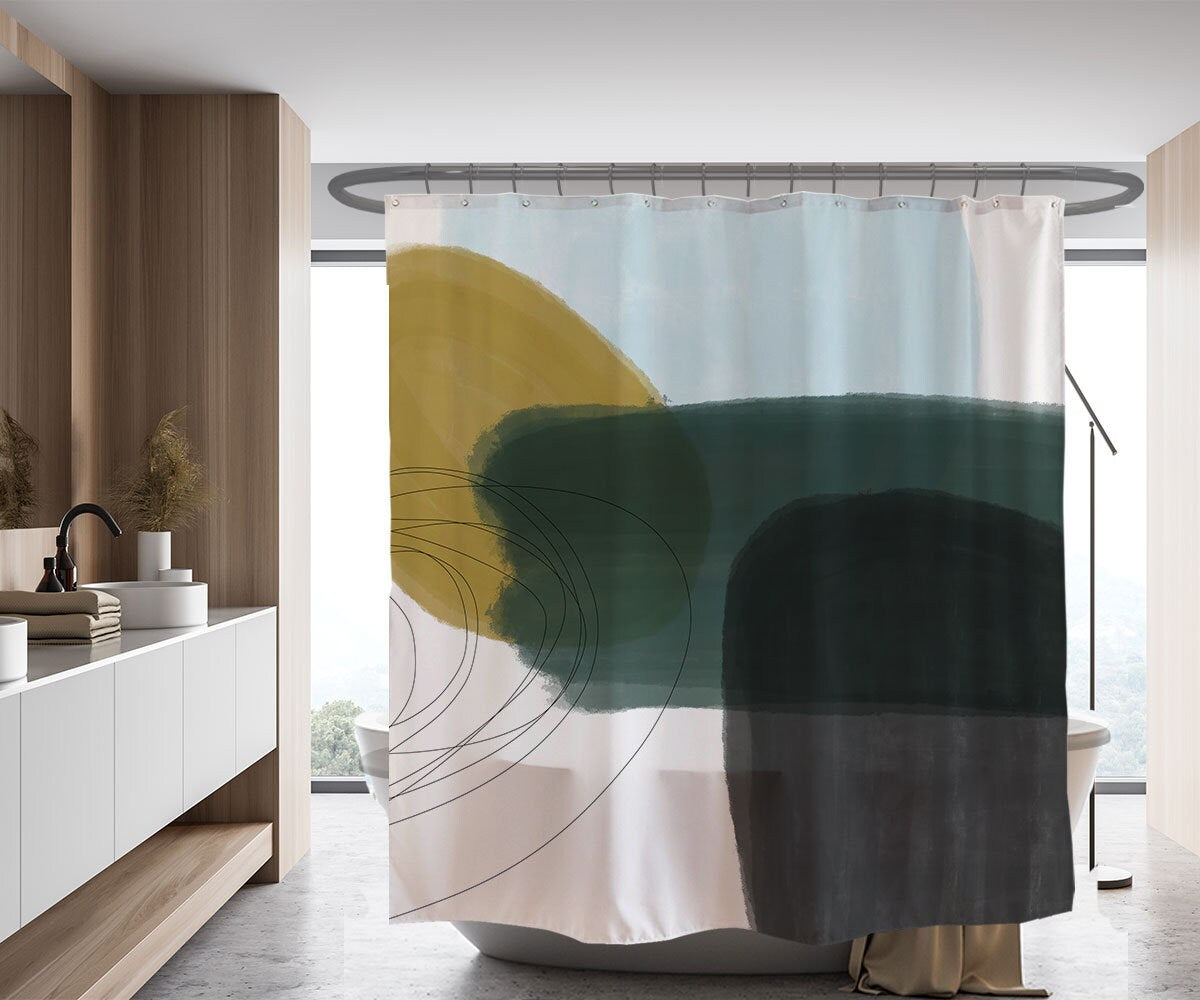 Abstract Shower Curtain, Color Blocks Black Green Beige, Nordic Style Minimalism, Japanese Style Partitian Curtain, Customized Sizes 72"*72"