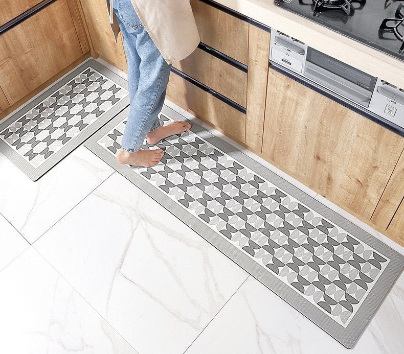 Grey White Geometric Kitchen Floor Mat