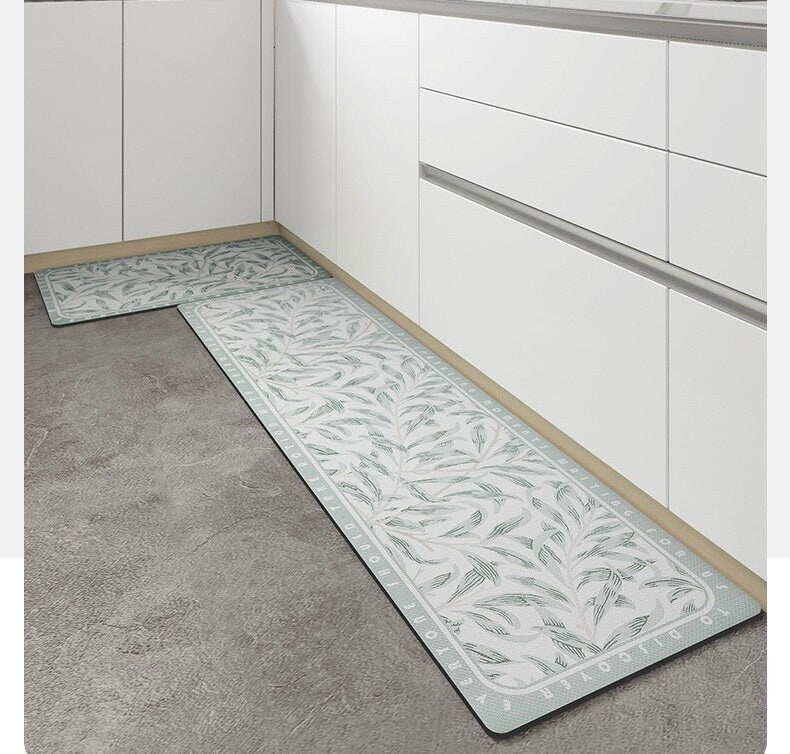 Blue White Leaves Kitchen Floor Mat