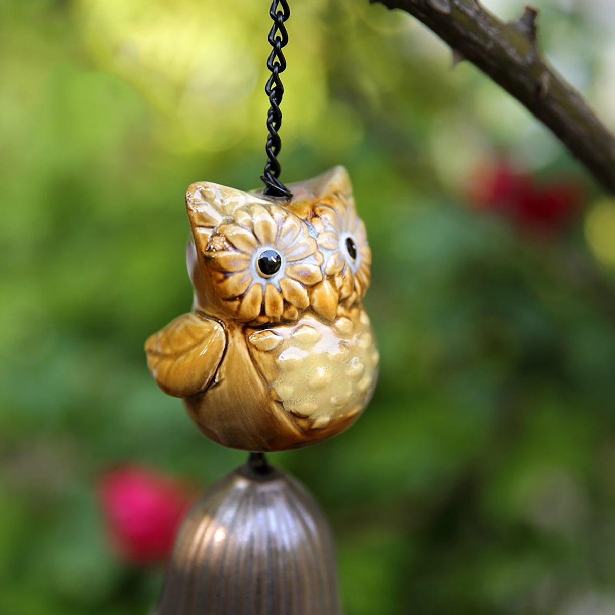 Metal Leave Wind Chime, Ceramic owl Iron Bell Ring Windchime, Traditional Eastern Oriental Zen Home Garden Decor