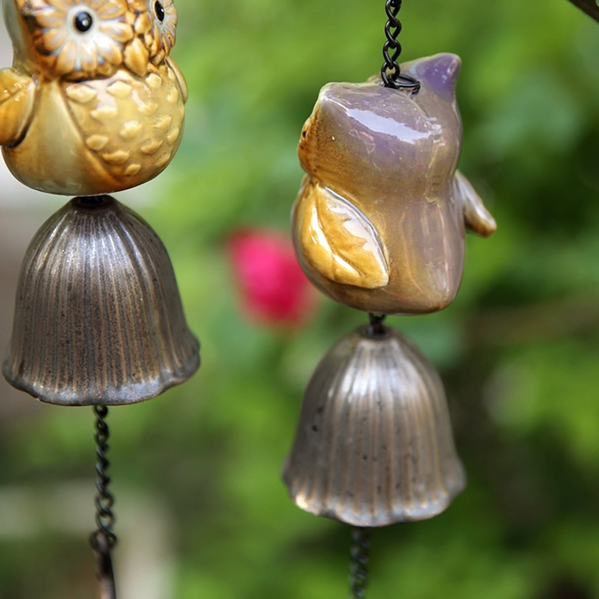 Metal Leave Wind Chime, Ceramic owl Iron Bell Ring Windchime, Traditional Eastern Oriental Zen Home Garden Decor