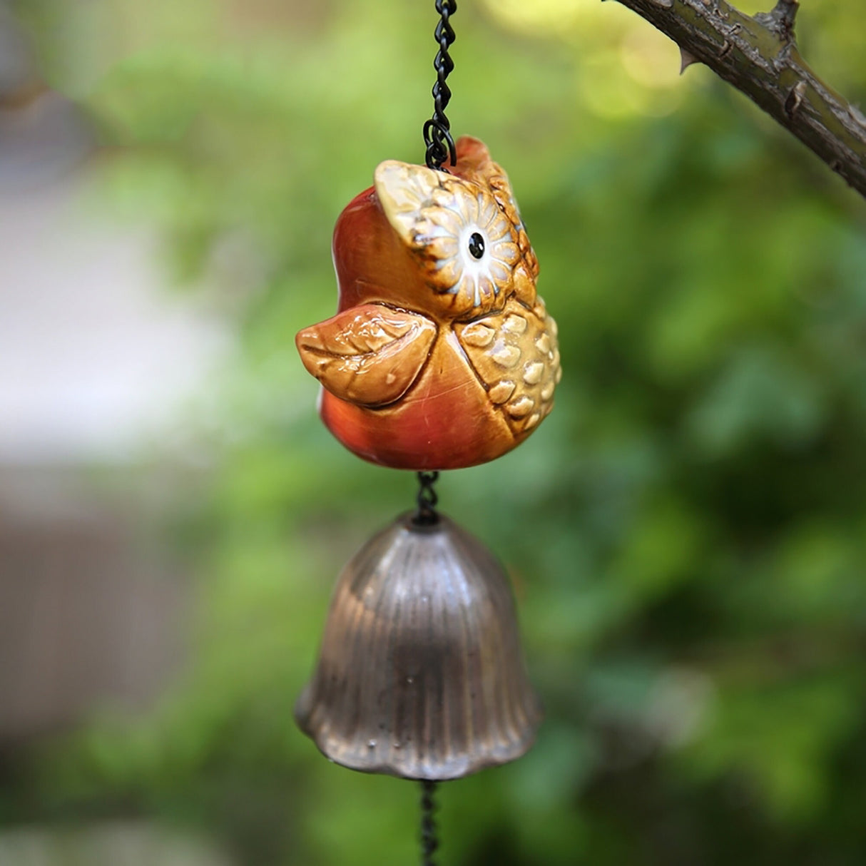 Metal Leave Wind Chime, Ceramic owl Iron Bell Ring Windchime, Traditional Eastern Oriental Zen Home Garden Decor