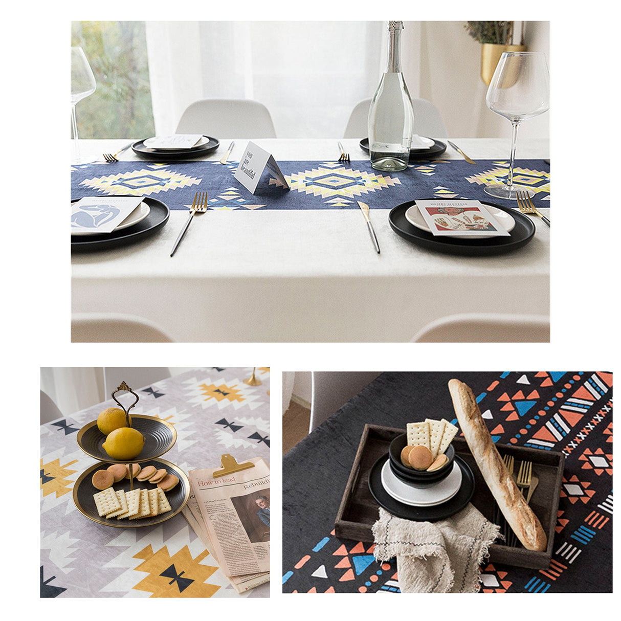 Ofat Home Bohemian Style Geometric Tablecloth Waterproof Fabric Rectangle Boho Table Cover for for Dining Room Kitchen Decor