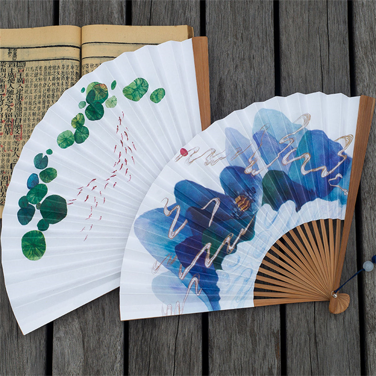 Chinese Paper Fan,Mountain Crane Carp Wood Handle Folding Fan,Double-sided Watercolor Painting Paper Fan with Tassel,10.25" Long