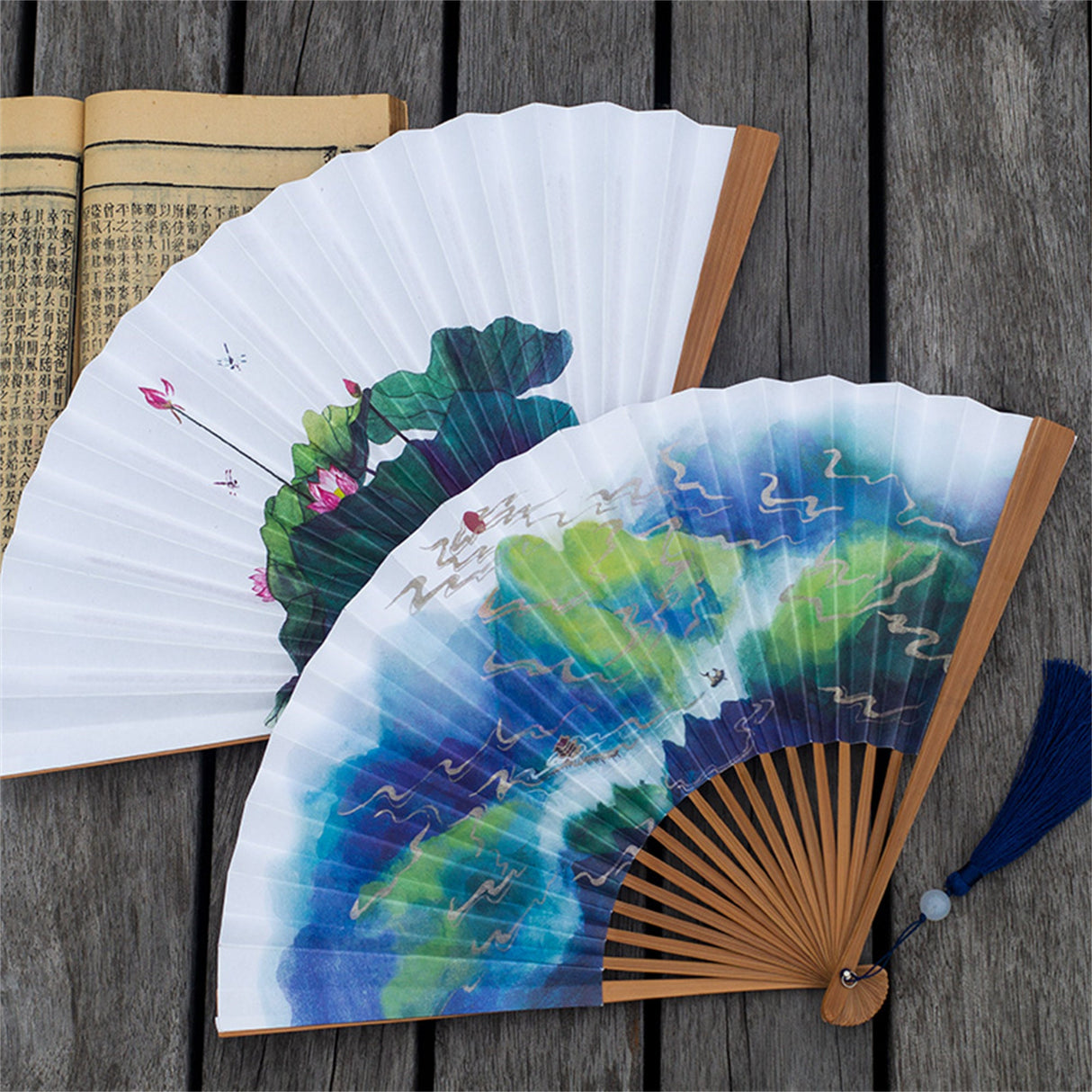 Chinese Paper Fan,Mountain Crane Carp Wood Handle Folding Fan,Double-sided Watercolor Painting Paper Fan with Tassel,10.25" Long