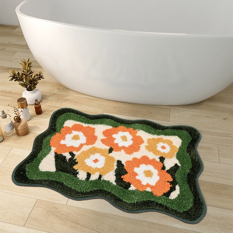Colorful Flowers Bath Mat, Orange Flora Soft Bathroom Rug, Tufted Bath Rug, Purple Tulip Water Absorbent Non-Slip Bathroom Mat
