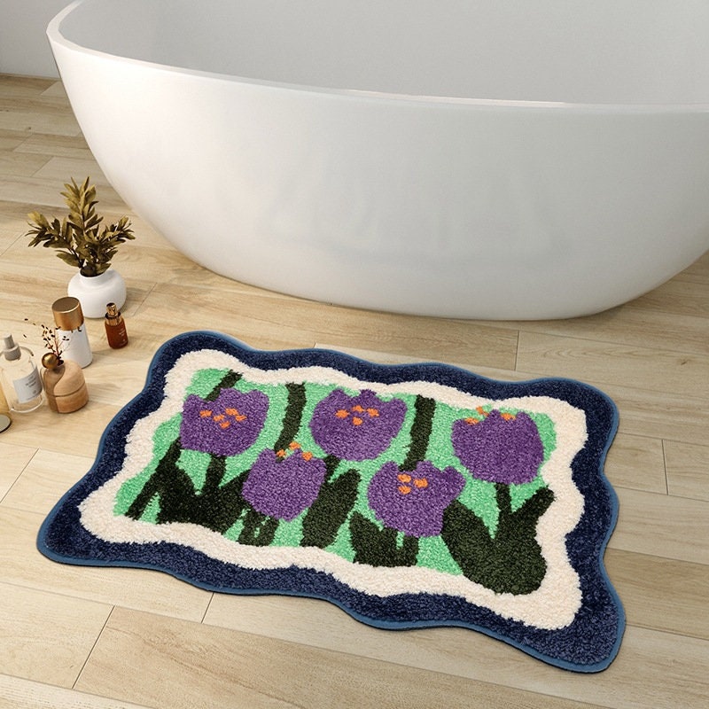 Colorful Flowers Bath Mat, Orange Flora Soft Bathroom Rug, Tufted Bath Rug, Purple Tulip Water Absorbent Non-Slip Bathroom Mat