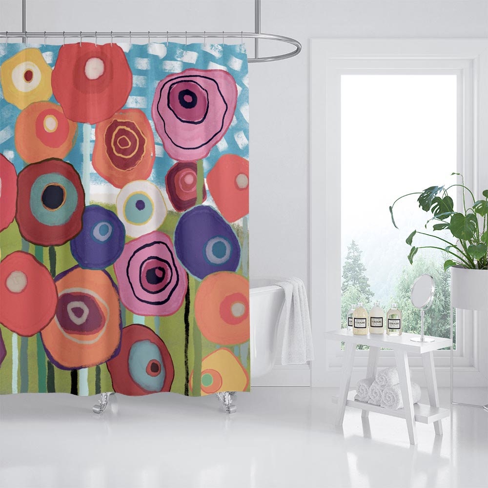 Colorful Flowers Shower Curtain, Abstract Art Flora Extra Thick Curtains with Hooks, Waterproof Washable Bath Curtain, Customized Size