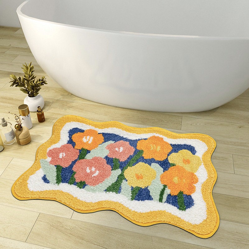 Colorful Flowers Bath Mat, Orange Flora Soft Bathroom Rug, Tufted Bath Rug, Purple Tulip Water Absorbent Non-Slip Bathroom Mat