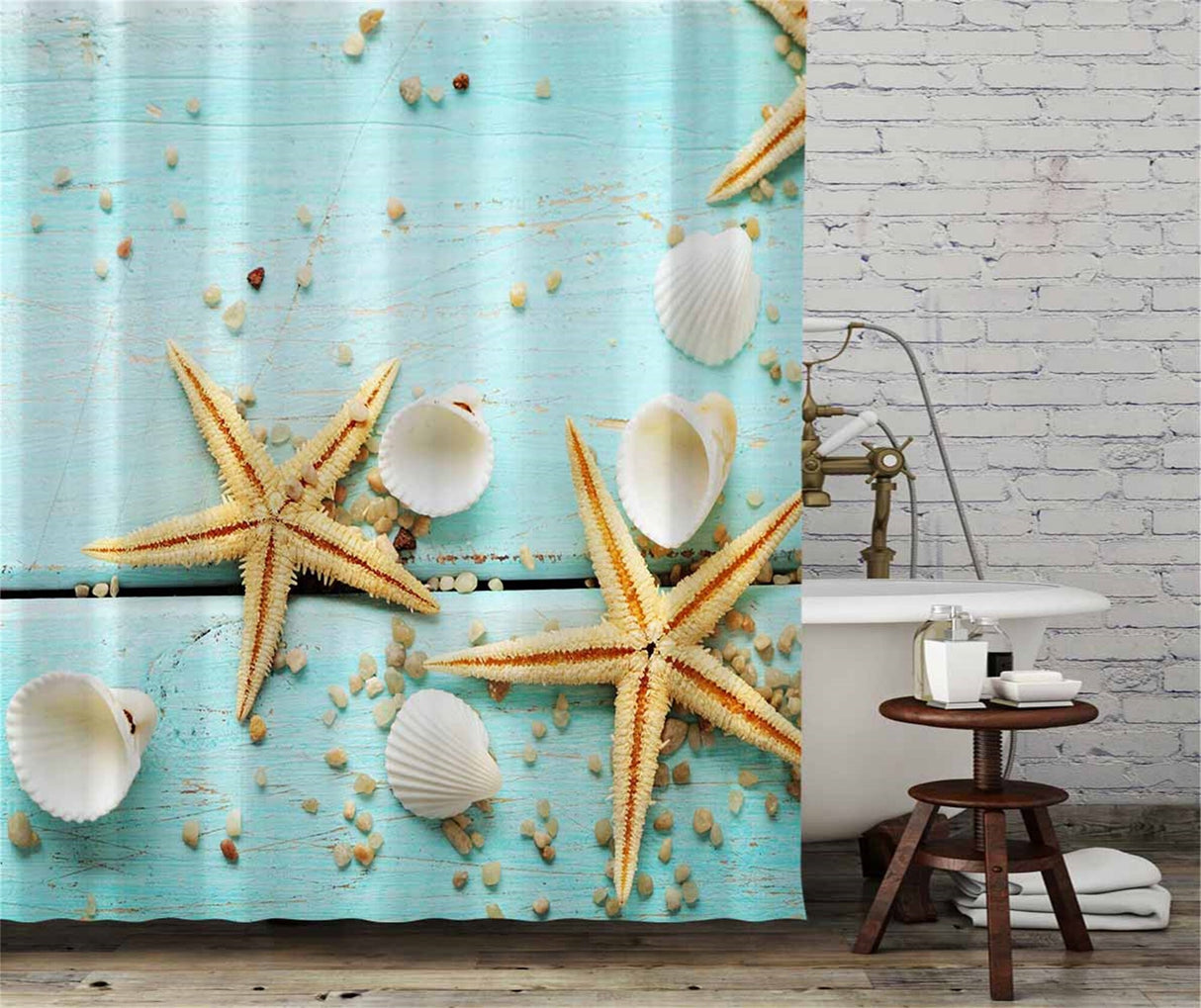 Ofat Home Starfish Curtain(Duschvorhang )Sets With Hooks For Bathroom Tub Decor, Extra Long Heavy Fabric 150g