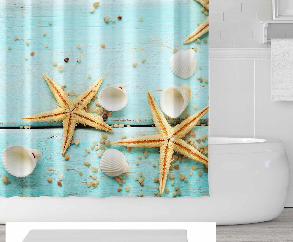Ofat Home Starfish Curtain(Duschvorhang )Sets With Hooks For Bathroom Tub Decor, Extra Long Heavy Fabric 150g