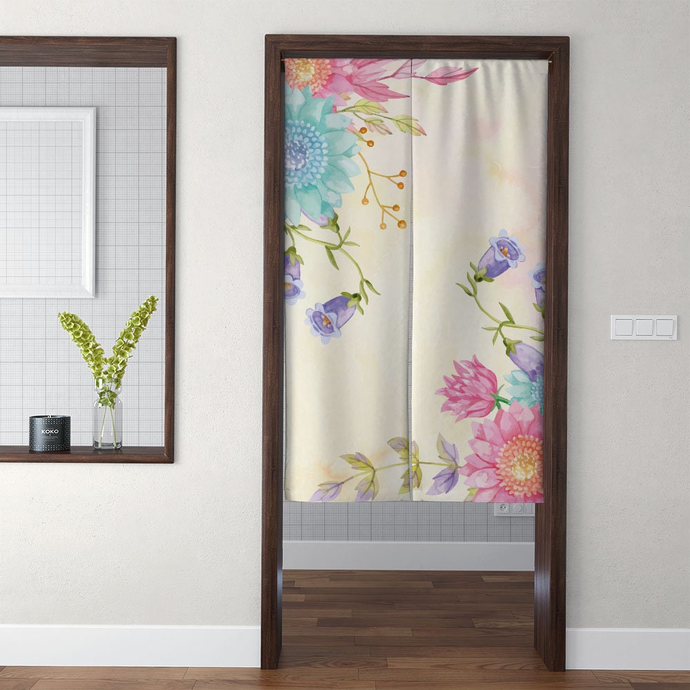 Flowers Ink Painting Doorway Curtain, Floral Tapestry for Wall Hanging, Japanese Noren Bedroom Partition Kithchen Divider Home Door Decor
