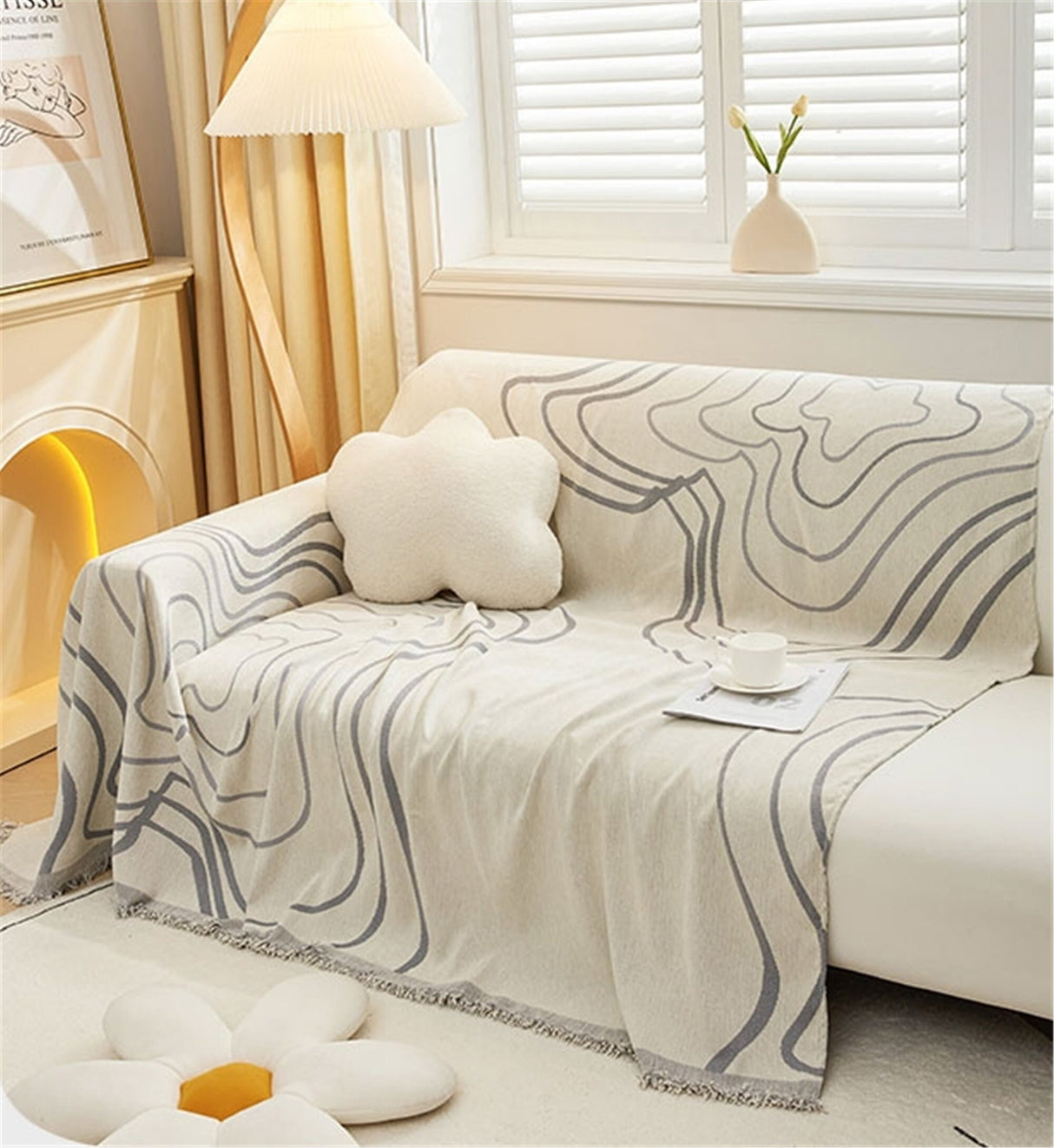 Minimalist Geometric Line Couch Cover, Soft Chenille Couch Cover, Non-Slip Sofa Cover,Washable Cotton Sofa Slipcover,Pet Furniture Protector